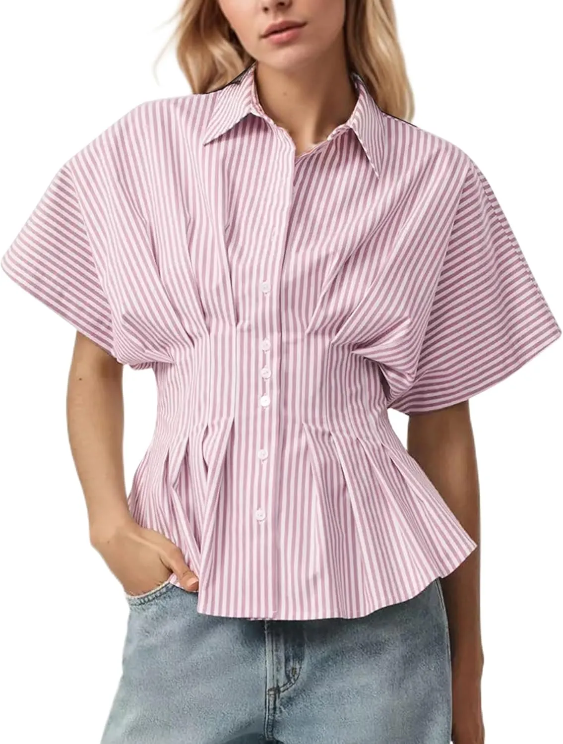 MISSACTIVER Striped Button Down Shirts for Women Short Sleeve Pleated Corset Blouse Casual Summer Peplum Dressy Tops