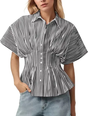 MISSACTIVER Striped Button Down Shirts for Women Short Sleeve Pleated Corset Blouse Casual Summer Peplum Dressy Tops