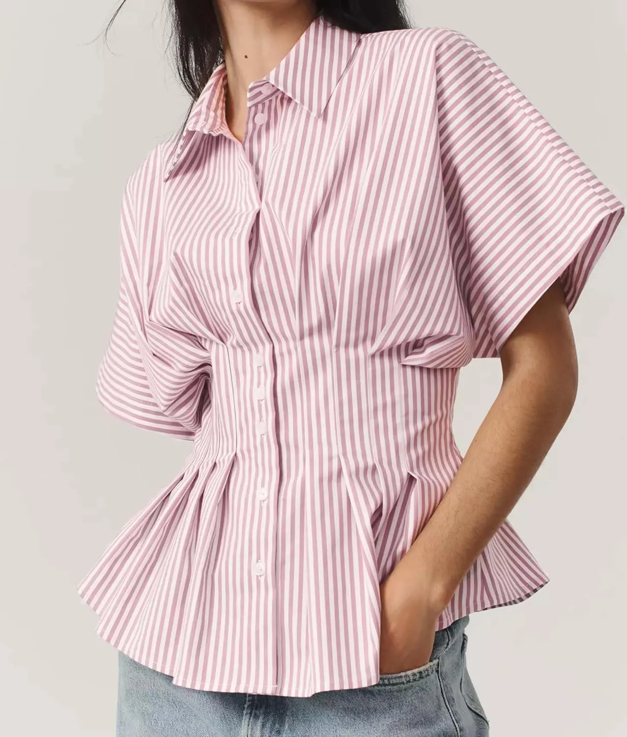 MISSACTIVER Striped Button Down Shirts for Women Short Sleeve Pleated Corset Blouse Casual Summer Peplum Dressy Tops
