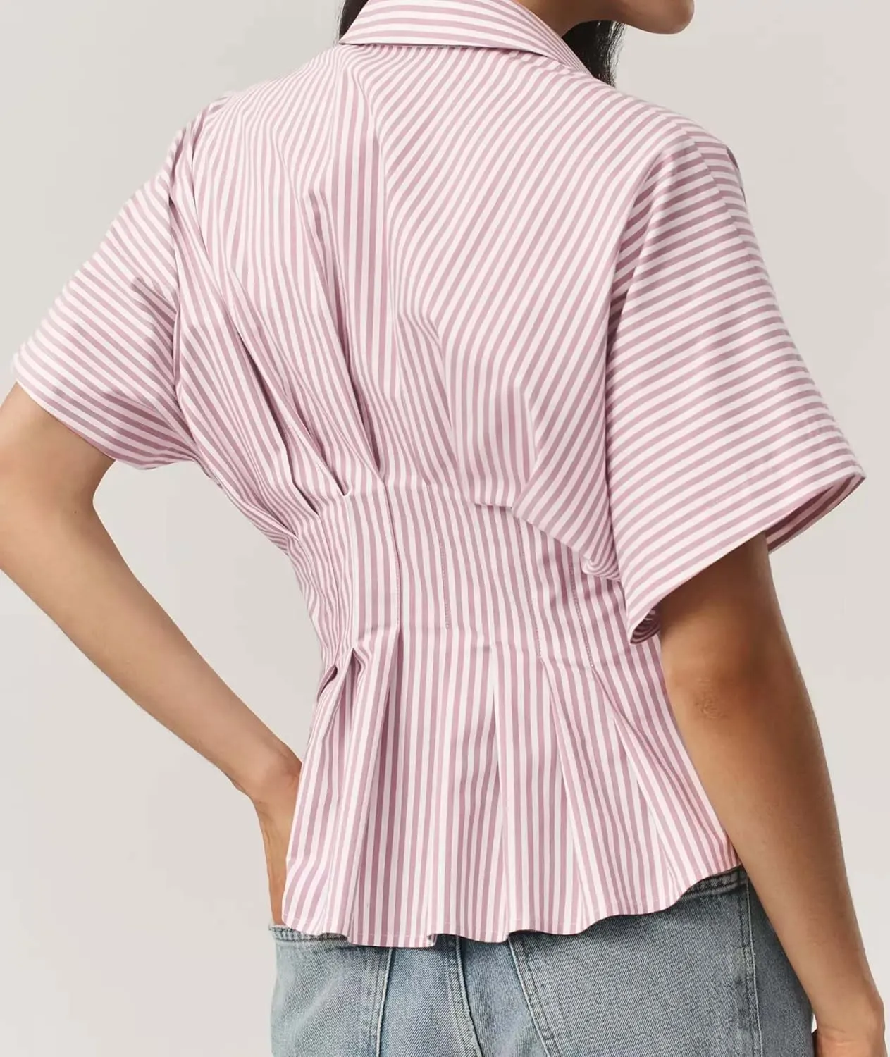 MISSACTIVER Striped Button Down Shirts for Women Short Sleeve Pleated Corset Blouse Casual Summer Peplum Dressy Tops