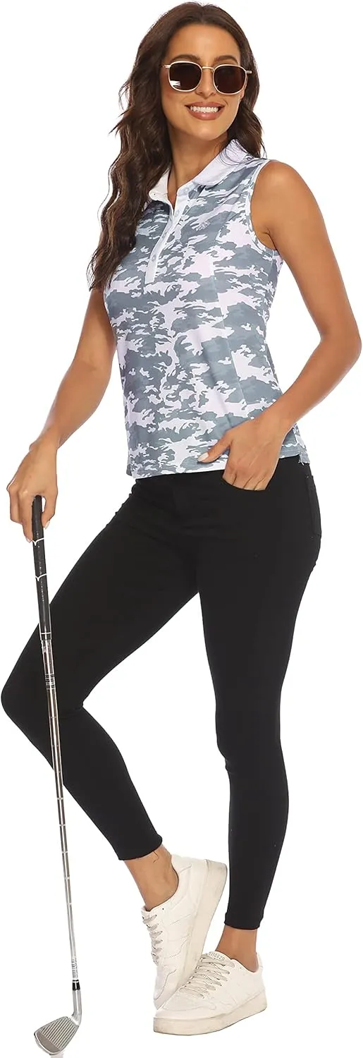 MoFiz Sleeveless Golf Polo Shirts for Women Quick Dry Camo Lightweight UPF 50  Sports Athletic Tank Tops for Casual Tennis