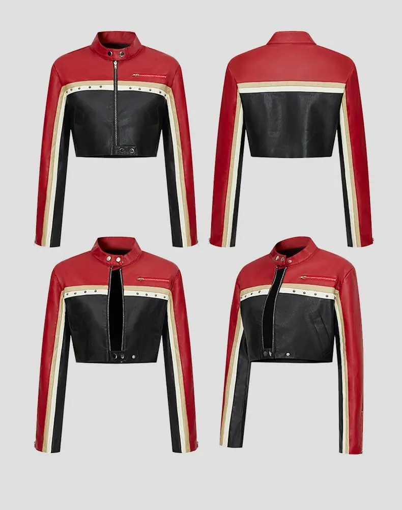 Molilove Womens Faux Leather Jackets Zipper Moto Biker Short Leather Jacket Women Bomber Jacket PU Coats