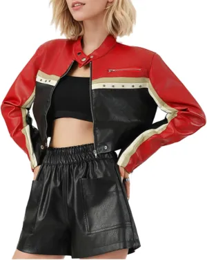 Molilove Womens Faux Leather Jackets Zipper Moto Biker Short Leather Jacket Women Bomber Jacket PU Coats