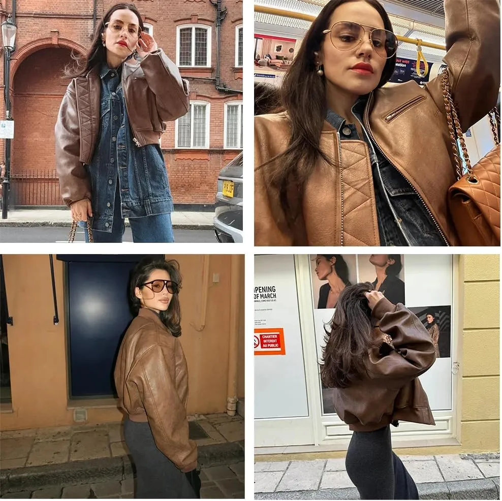 Molilove Women's Zip Up Leather Jacket Fall Casual Mock Neck Fashion Jacket Biker Motorcycle Jacket Y2k PU Leather Outwear