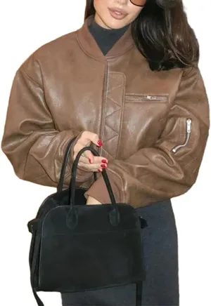 Molilove Women's Zip Up Leather Jacket Fall Casual Mock Neck Fashion Jacket Biker Motorcycle Jacket Y2k PU Leather Outwear