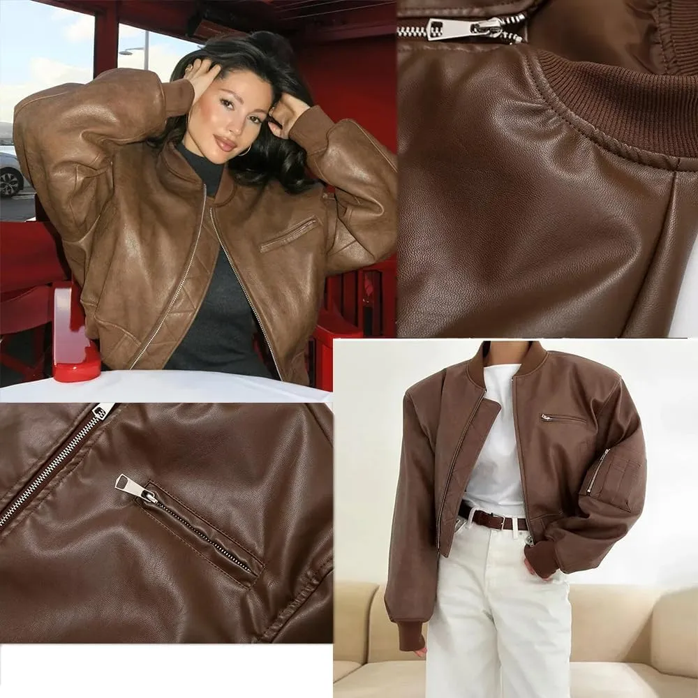 Molilove Women's Zip Up Leather Jacket Fall Casual Mock Neck Fashion Jacket Biker Motorcycle Jacket Y2k PU Leather Outwear
