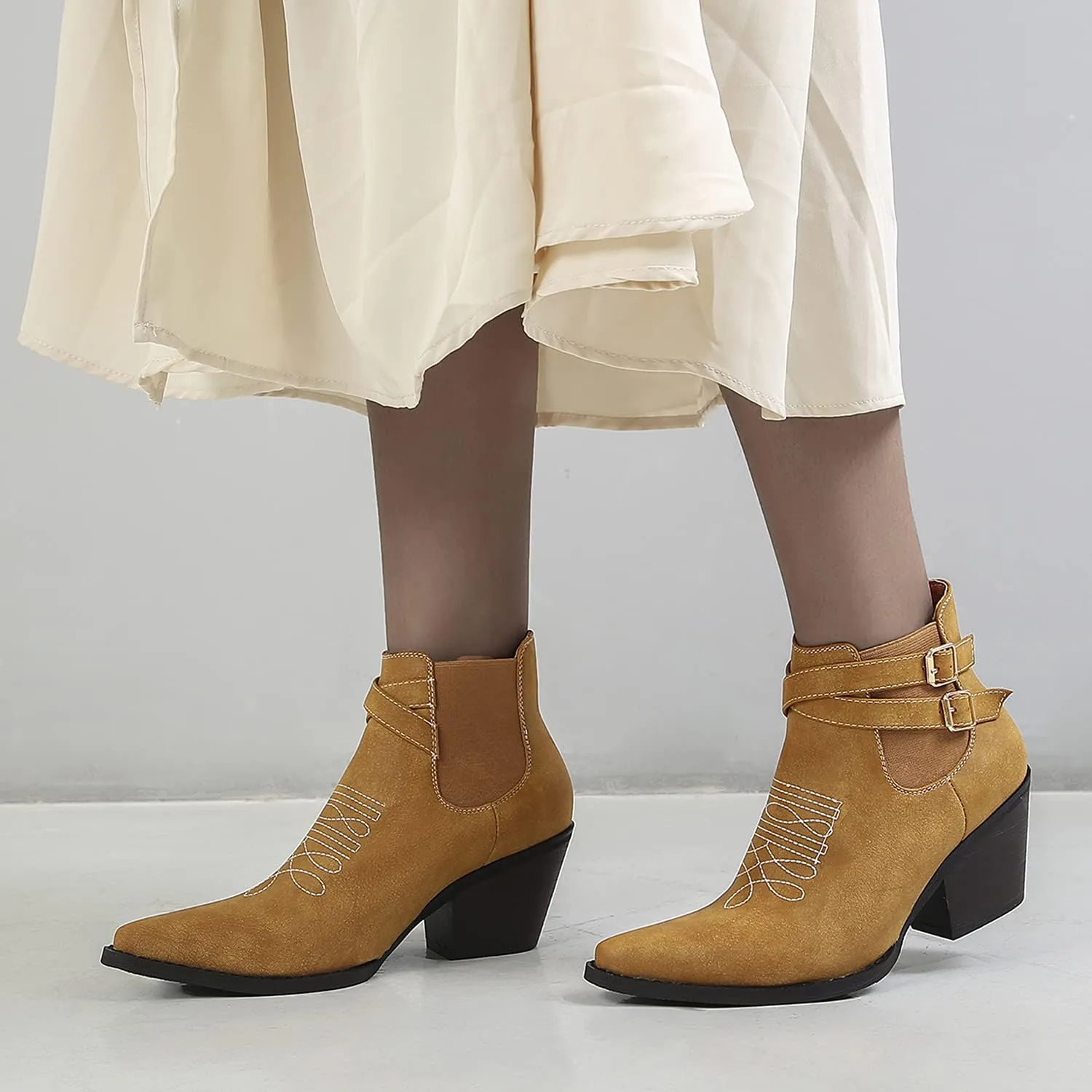 MOOMMO Western Cowboy Booties Embroidered for Women Snip Toe Stacked Chunky Heel Chelsea Boots Elastic Panel Pull On Buckle Strap Suede Ankle Boots Casual Dressy Riding 4-11 M US