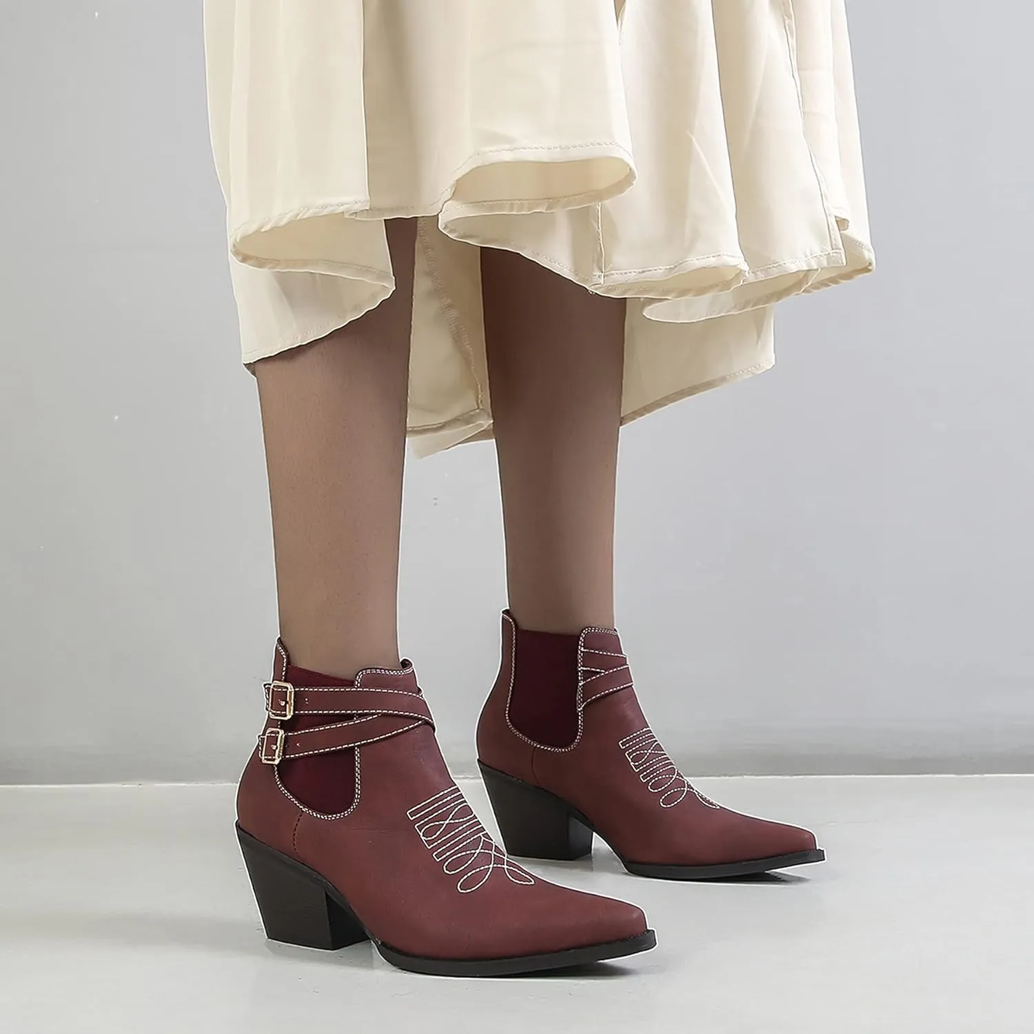 MOOMMO Western Cowboy Booties Embroidered for Women Snip Toe Stacked Chunky Heel Chelsea Boots Elastic Panel Pull On Buckle Strap Suede Ankle Boots Casual Dressy Riding 4-11 M US
