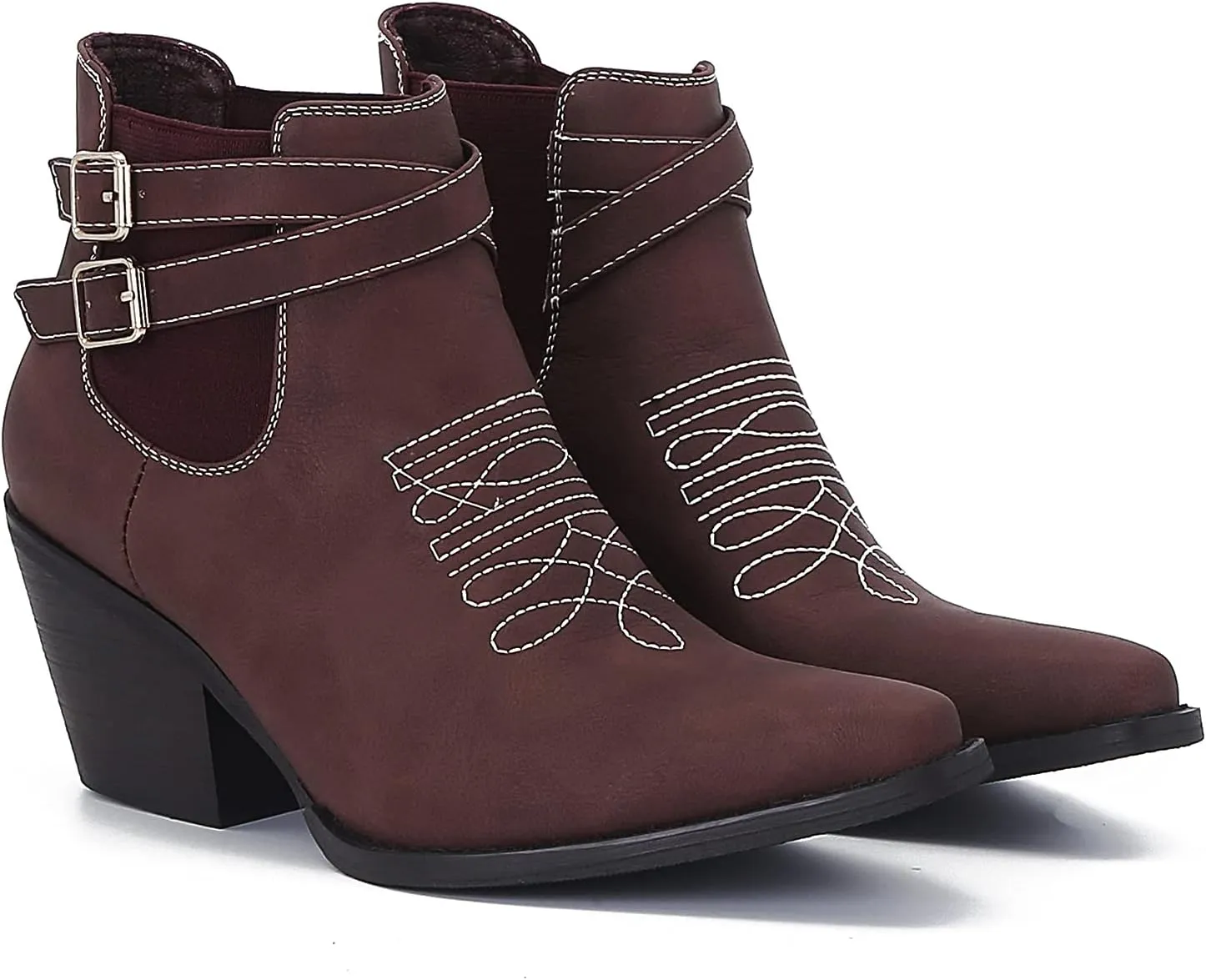 MOOMMO Western Cowboy Booties Embroidered for Women Snip Toe Stacked Chunky Heel Chelsea Boots Elastic Panel Pull On Buckle Strap Suede Ankle Boots Casual Dressy Riding 4-11 M US
