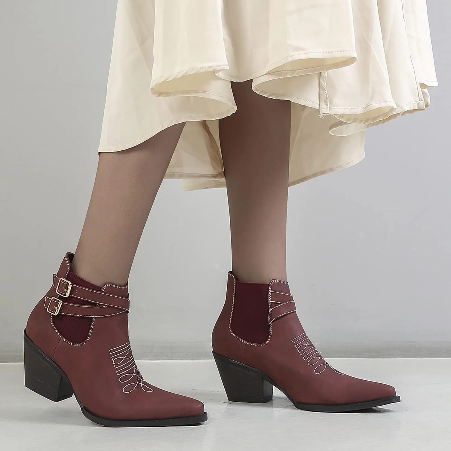 MOOMMO Western Cowboy Booties Embroidered for Women Snip Toe Stacked Chunky Heel Chelsea Boots Elastic Panel Pull On Buckle Strap Suede Ankle Boots Casual Dressy Riding 4-11 M US