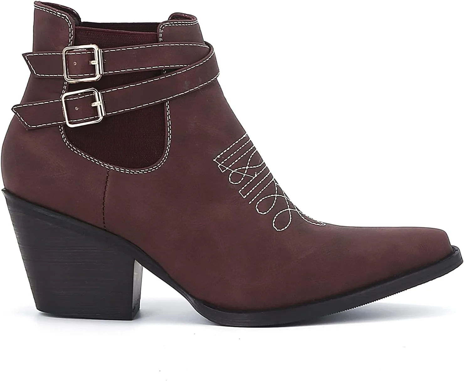 MOOMMO Western Cowboy Booties Embroidered for Women Snip Toe Stacked Chunky Heel Chelsea Boots Elastic Panel Pull On Buckle Strap Suede Ankle Boots Casual Dressy Riding 4-11 M US