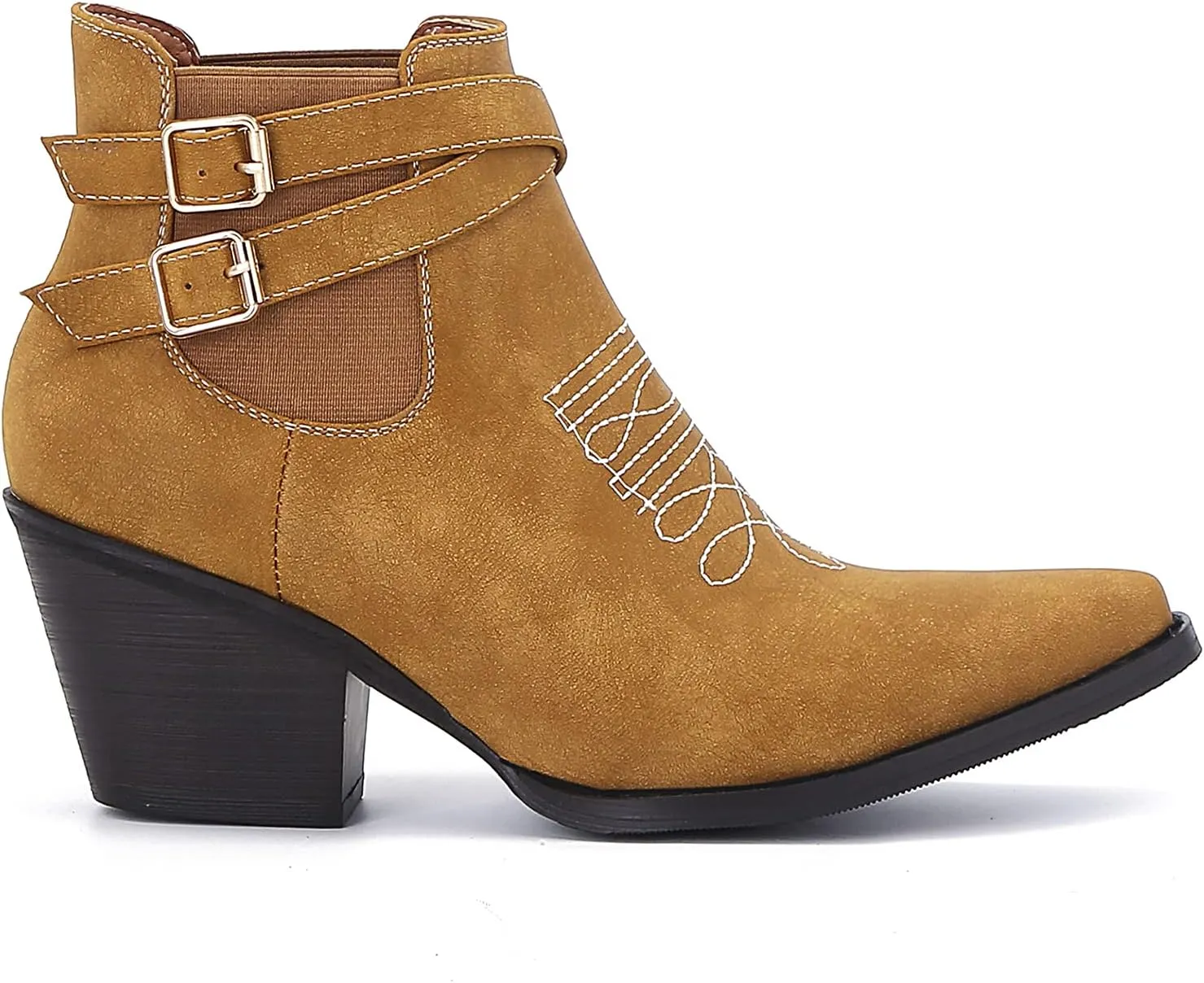 MOOMMO Western Cowboy Booties Embroidered for Women Snip Toe Stacked Chunky Heel Chelsea Boots Elastic Panel Pull On Buckle Strap Suede Ankle Boots Casual Dressy Riding 4-11 M US