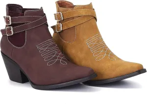 MOOMMO Western Cowboy Booties Embroidered for Women Snip Toe Stacked Chunky Heel Chelsea Boots Elastic Panel Pull On Buckle Strap Suede Ankle Boots Casual Dressy Riding 4-11 M US