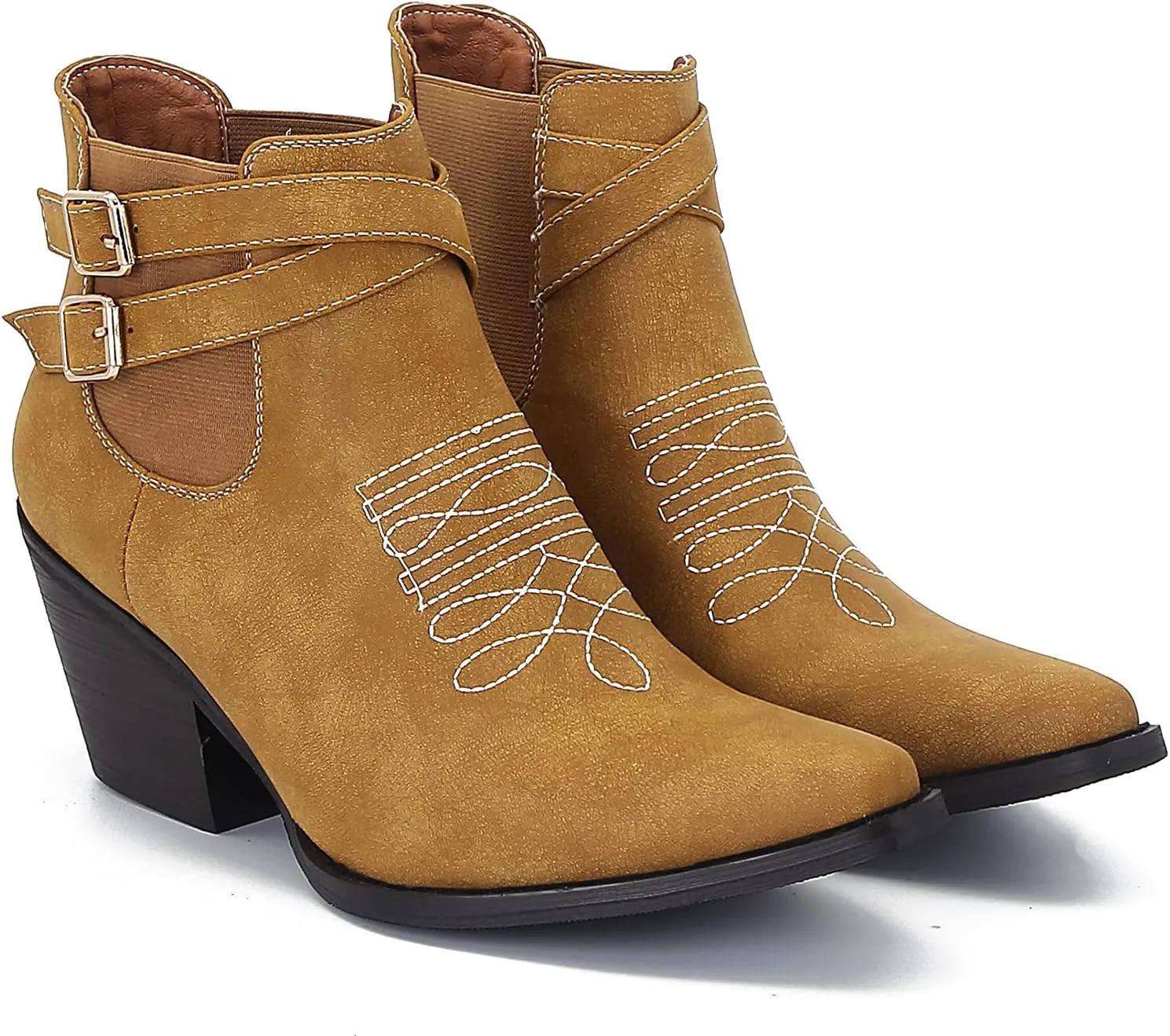 MOOMMO Western Cowboy Booties Embroidered for Women Snip Toe Stacked Chunky Heel Chelsea Boots Elastic Panel Pull On Buckle Strap Suede Ankle Boots Casual Dressy Riding 4-11 M US
