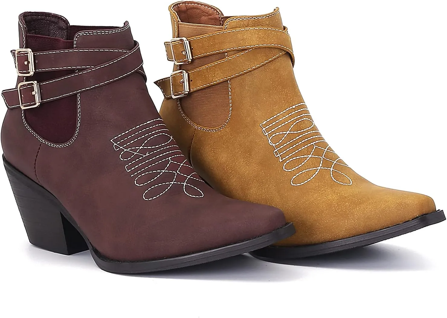 MOOMMO Western Cowboy Booties Embroidered for Women Snip Toe Stacked Chunky Heel Chelsea Boots Elastic Panel Pull On Buckle Strap Suede Ankle Boots Casual Dressy Riding 4-11 M US