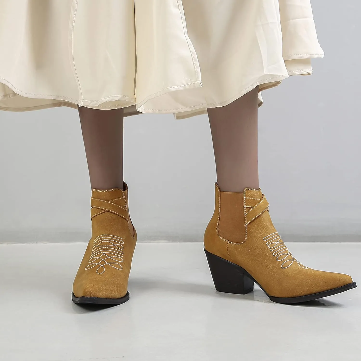 MOOMMO Western Cowboy Booties Embroidered for Women Snip Toe Stacked Chunky Heel Chelsea Boots Elastic Panel Pull On Buckle Strap Suede Ankle Boots Casual Dressy Riding 4-11 M US