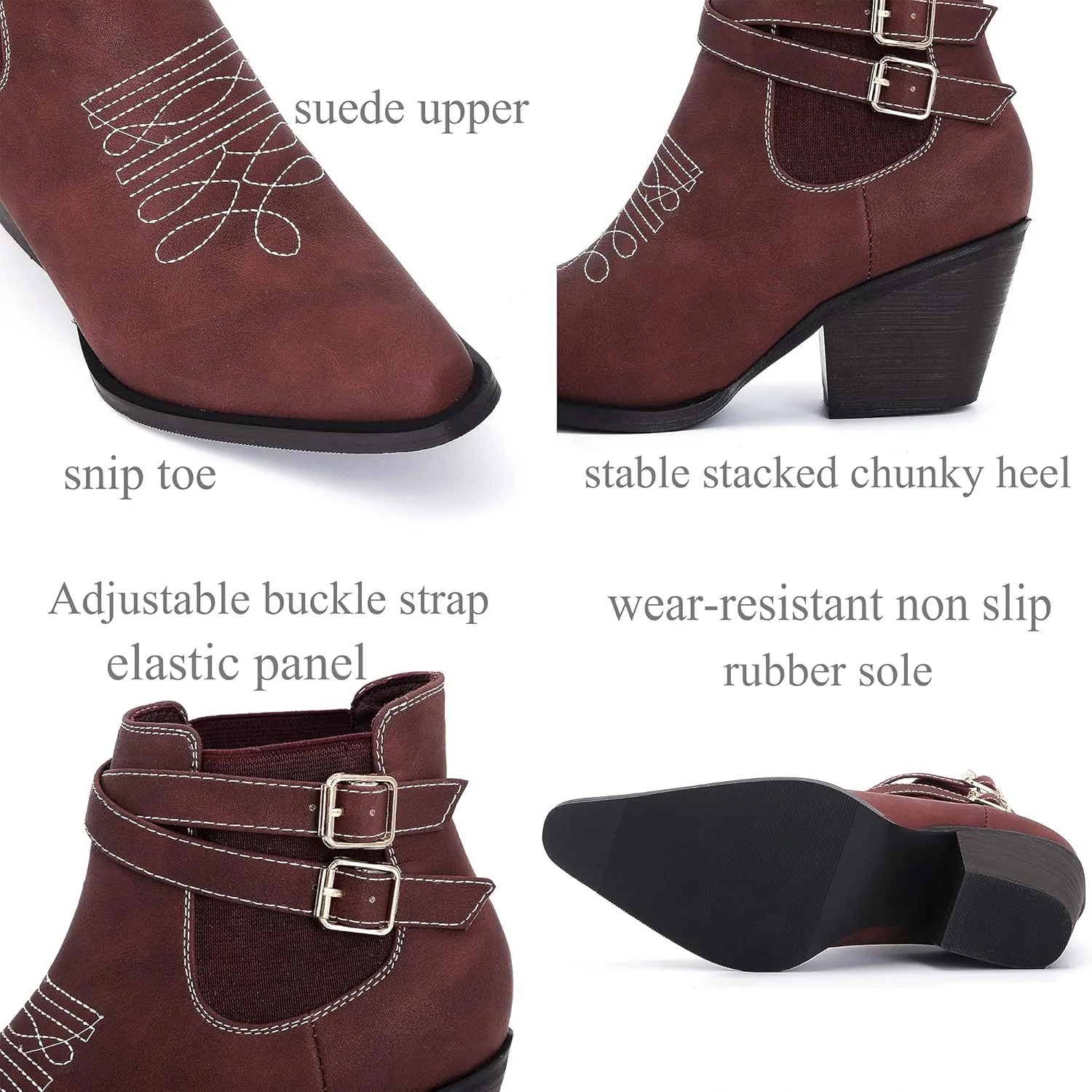MOOMMO Western Cowboy Booties Embroidered for Women Snip Toe Stacked Chunky Heel Chelsea Boots Elastic Panel Pull On Buckle Strap Suede Ankle Boots Casual Dressy Riding 4-11 M US