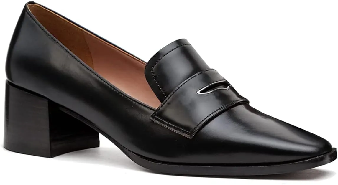MOOMMO Women Chunky Block Heel Pumps Square Closed Toe Patent Leather Penny Loafers Slip On Mid Thick Heels Oxford Shoes Office Lady Business Professional Work Loafer Classic Elegant Comfort 4-11 M US