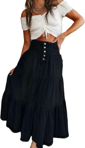 Mxiqqpltky Women's Denim Maxi Skirt High Waist Button Front Tiered Ruffle Swing A-Line Jean Long Skirt Y2k Streetwear