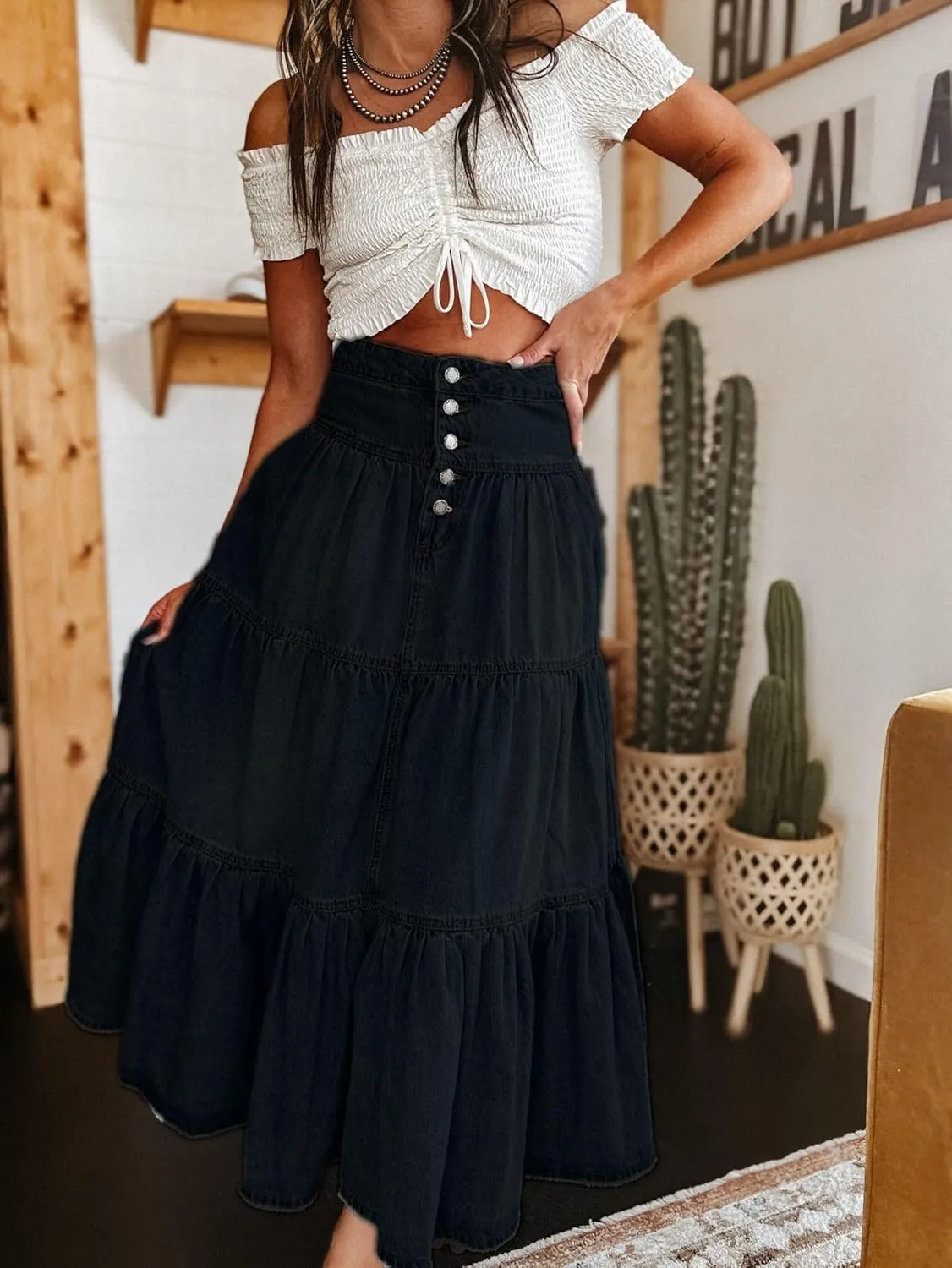 Mxiqqpltky Women's Denim Maxi Skirt High Waist Button Front Tiered Ruffle Swing A-Line Jean Long Skirt Y2k Streetwear