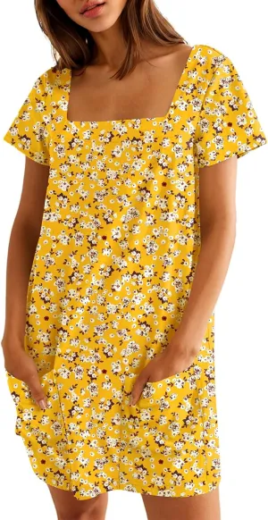 Naggoo Women Summer Sundresses Short Sleeve Square Neck Shift Tshirt Mini Dress with Pockets