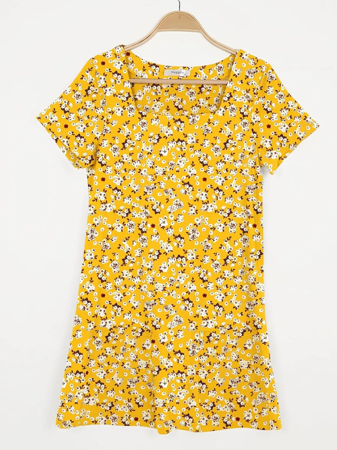 Naggoo Women Summer Sundresses Short Sleeve Square Neck Shift Tshirt Mini Dress with Pockets