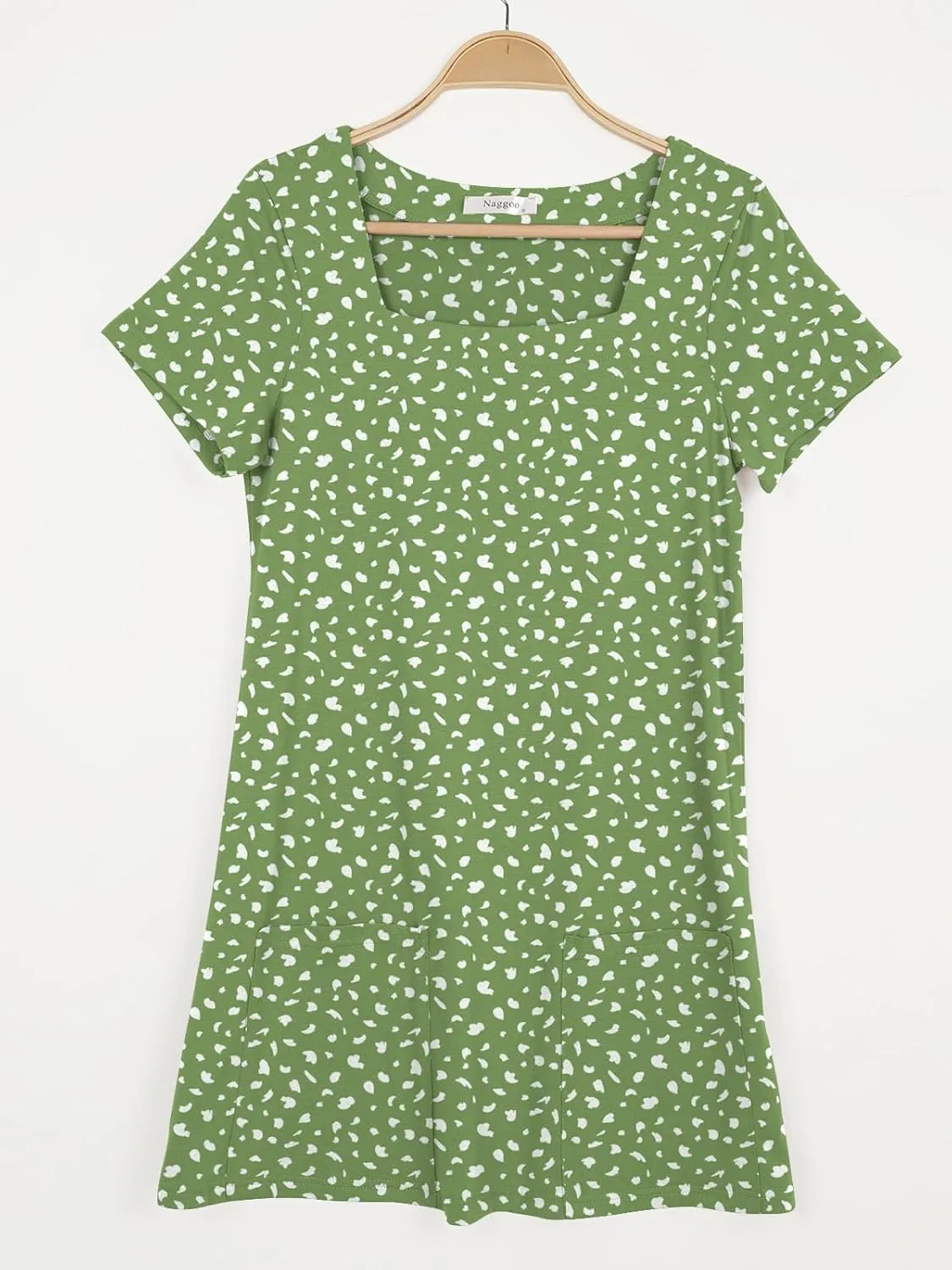Naggoo Women Summer Sundresses Short Sleeve Square Neck Shift Tshirt Mini Dress with Pockets