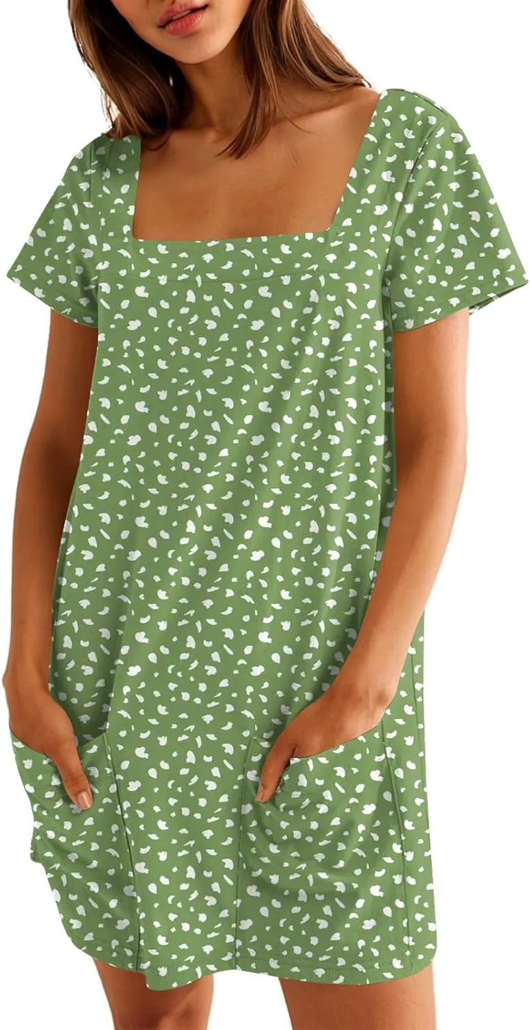 Naggoo Women Summer Sundresses Short Sleeve Square Neck Shift Tshirt Mini Dress with Pockets