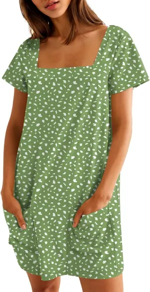 Naggoo Women Summer Sundresses Short Sleeve Square Neck Shift Tshirt Mini Dress with Pockets