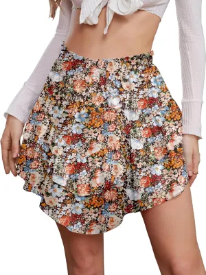 NASHALYLY Women's Mini Skirt Ruffle High Waist Elastic Boho Flowy Chiffon Tiered Skirt with Shorts