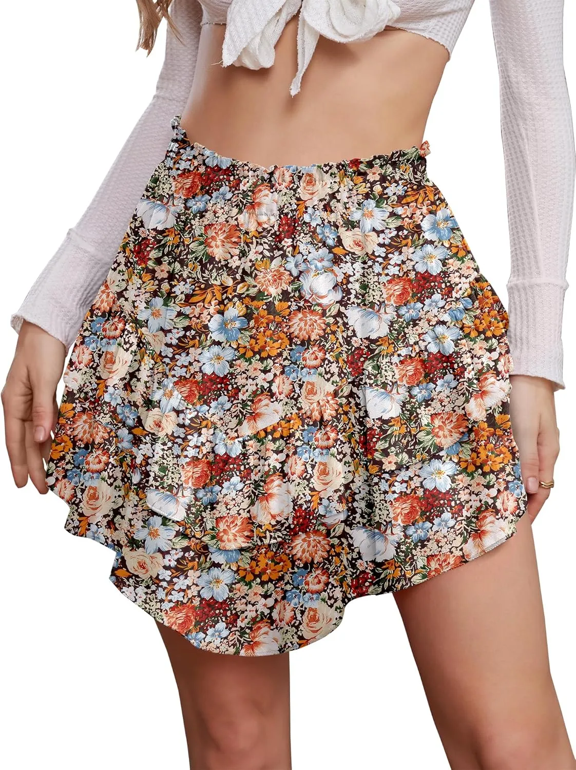 NASHALYLY Women's Mini Skirt Ruffle High Waist Elastic Boho Flowy Chiffon Tiered Skirt with Shorts