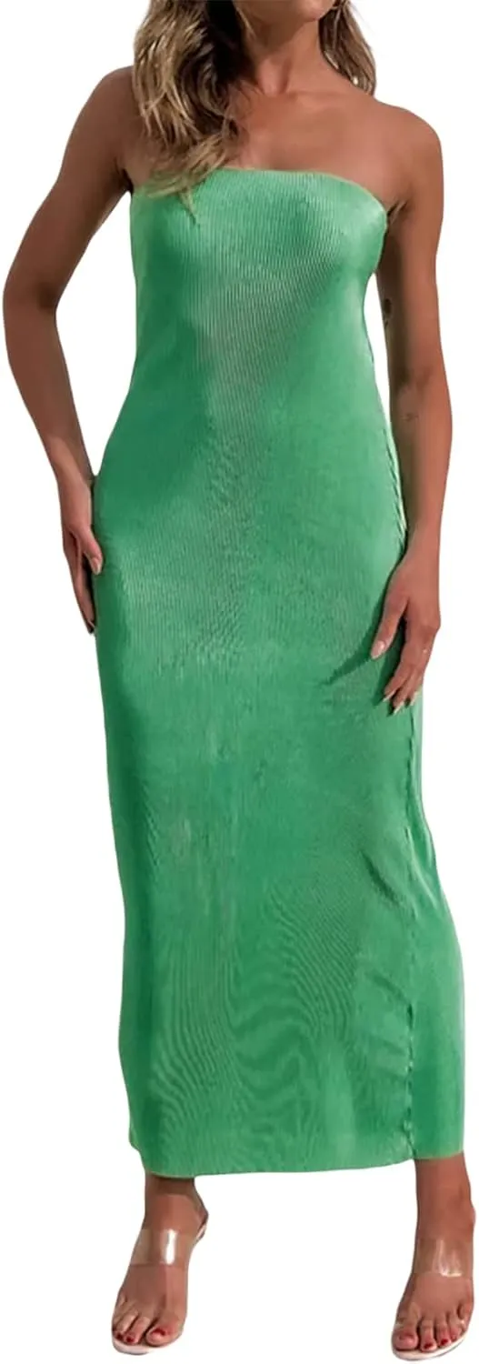 NUFIWI Women Y2k Pleated Maxi Dress Off Shoulder Backless Cutout Long Dress Plisse Strapless Bodycon Party Evening Dress