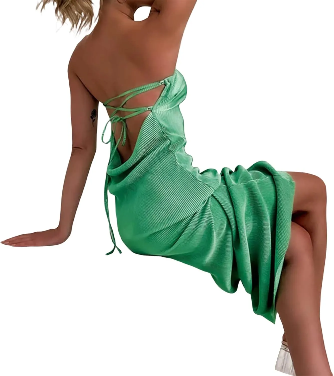 NUFIWI Women Y2k Pleated Maxi Dress Off Shoulder Backless Cutout Long Dress Plisse Strapless Bodycon Party Evening Dress