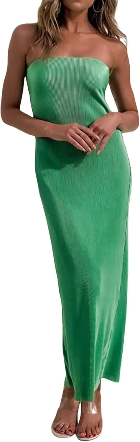 NUFIWI Women Y2k Pleated Maxi Dress Off Shoulder Backless Cutout Long Dress Plisse Strapless Bodycon Party Evening Dress