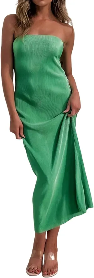 NUFIWI Women Y2k Pleated Maxi Dress Off Shoulder Backless Cutout Long Dress Plisse Strapless Bodycon Party Evening Dress