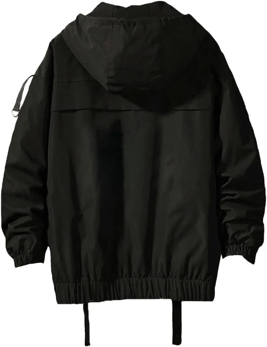 Nutriangee Mens Hip Hop Streetwear Windbreaker Jacket Lightweight Casual Outdoor Bomber with Ribbons Coat