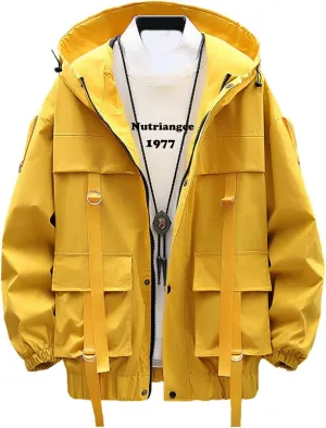Nutriangee Mens Hip Hop Streetwear Windbreaker Jacket Lightweight Casual Outdoor Bomber with Ribbons Coat