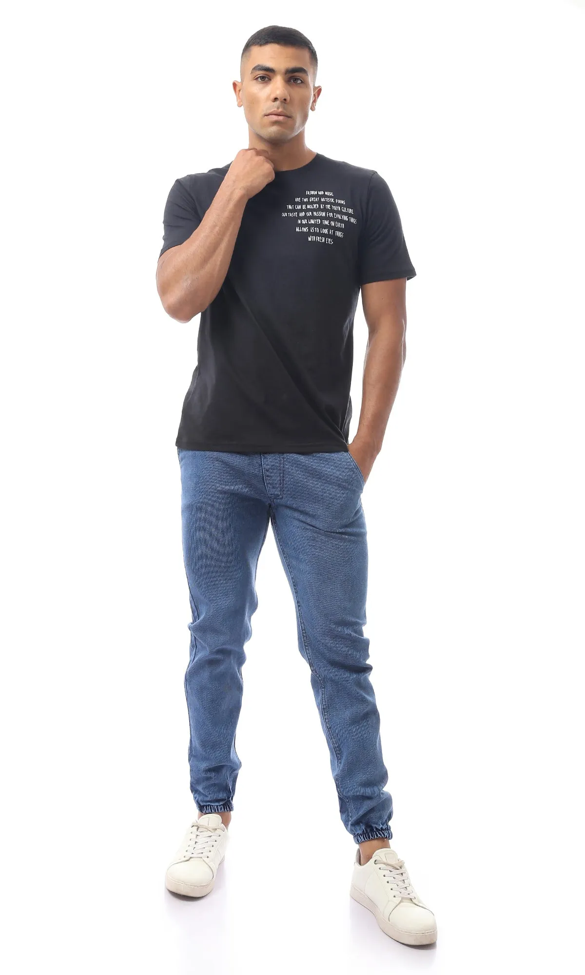 O170314 Cotton Printed Black Rounded Neck Tee