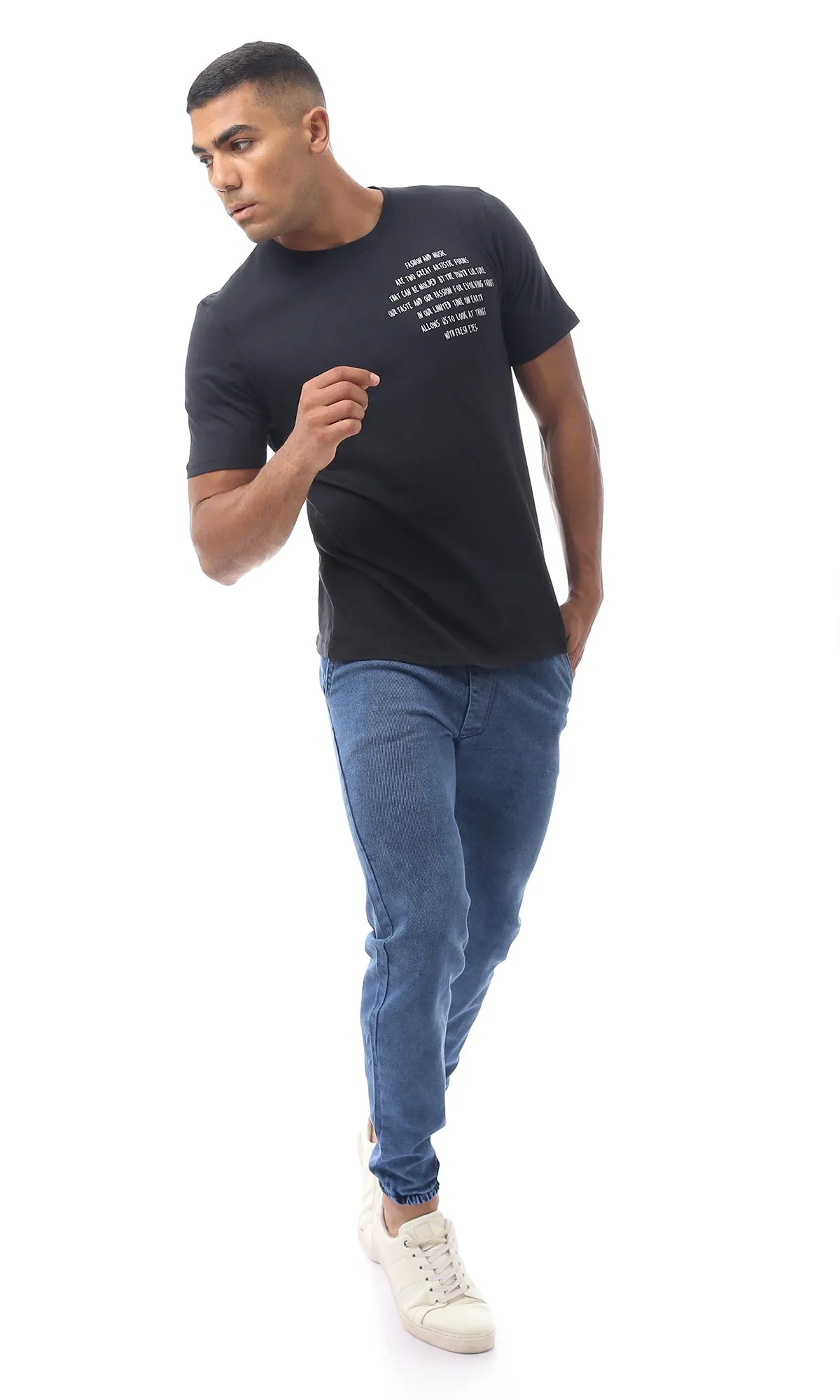 O170314 Cotton Printed Black Rounded Neck Tee