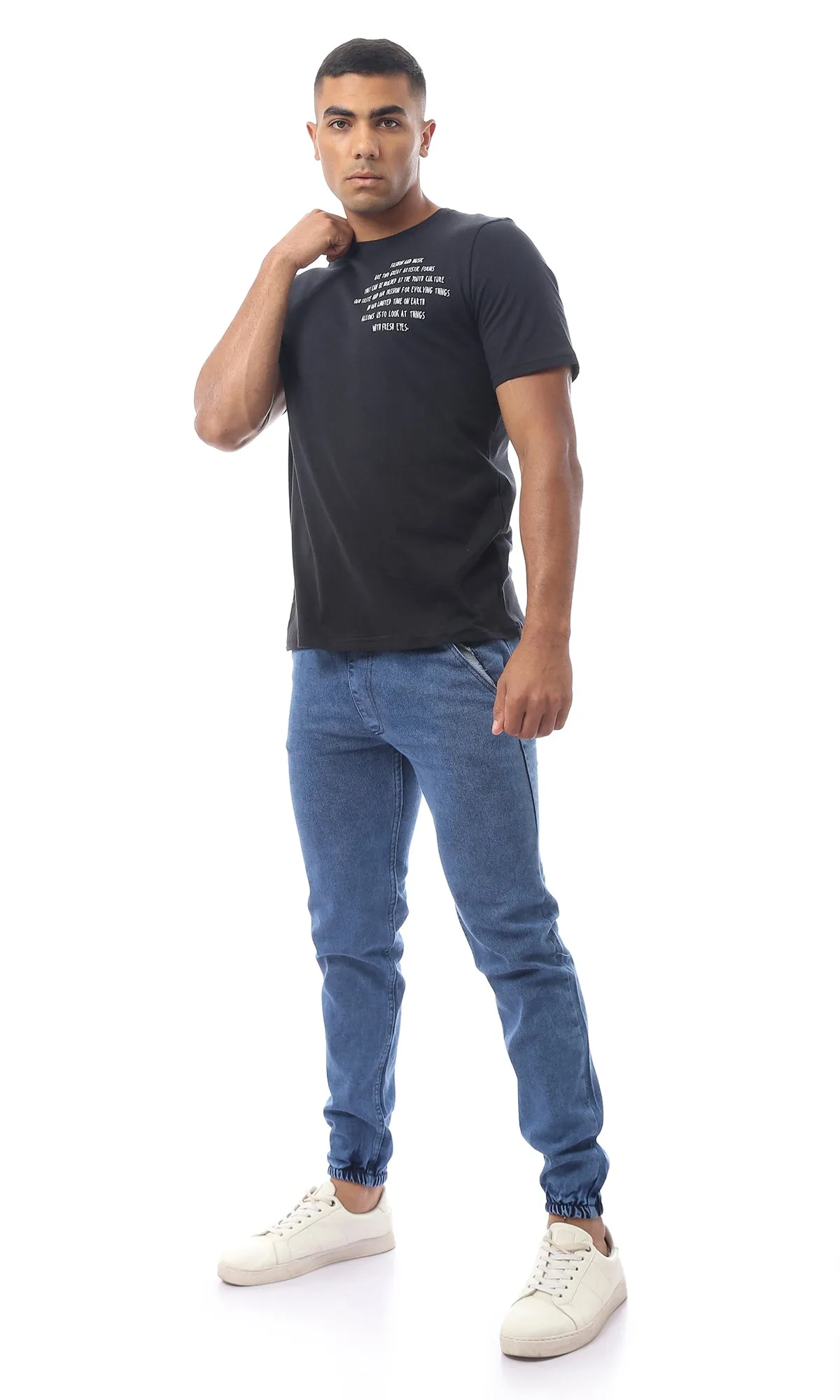 O170314 Cotton Printed Black Rounded Neck Tee