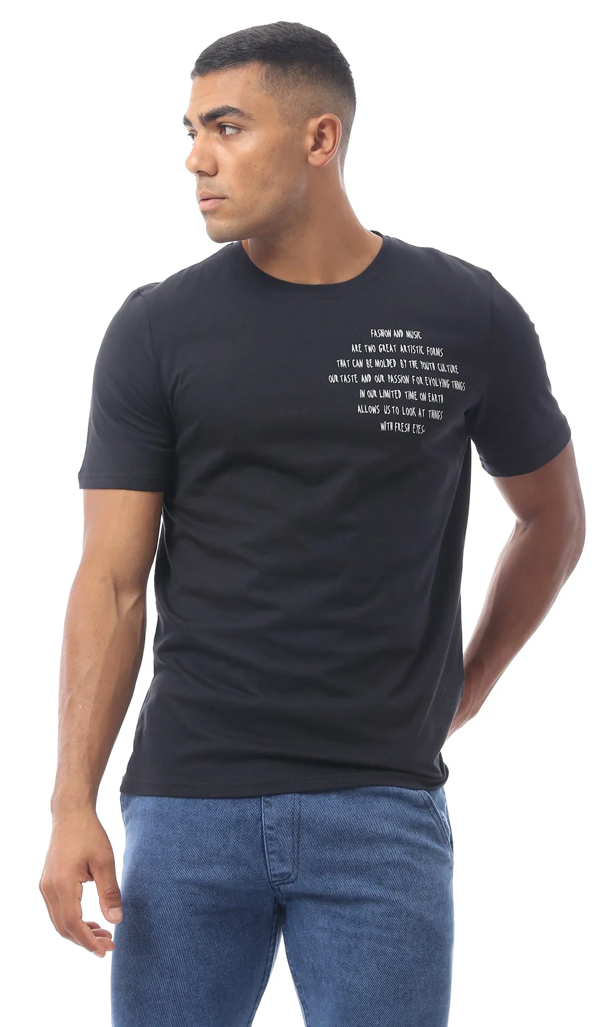 O170314 Cotton Printed Black Rounded Neck Tee