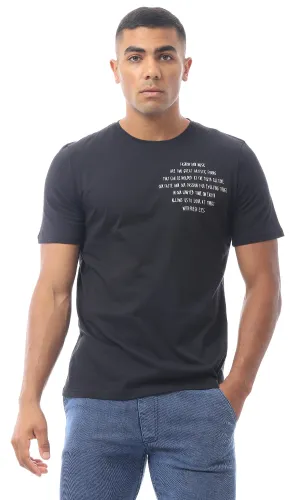 O170314 Cotton Printed Black Rounded Neck Tee