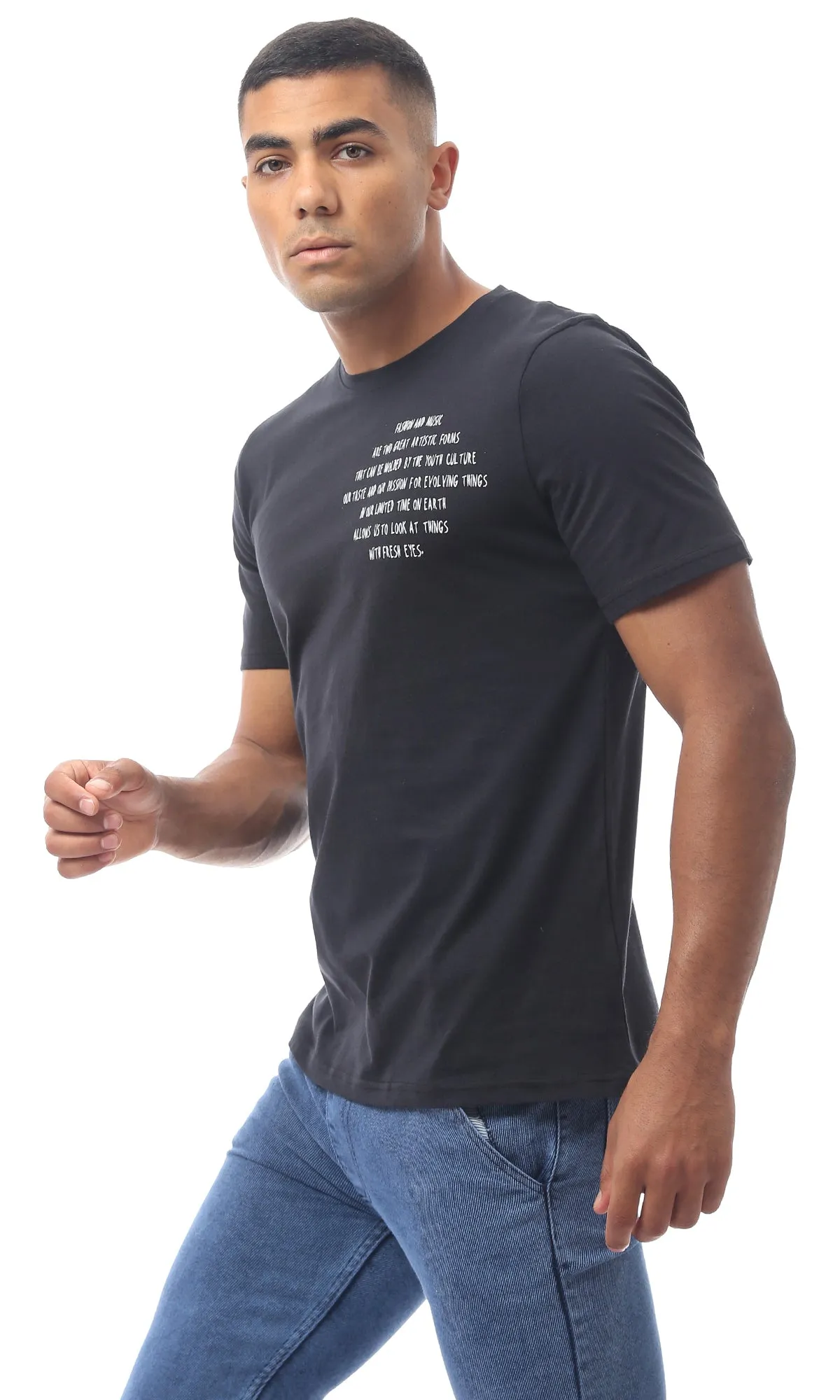 O170314 Cotton Printed Black Rounded Neck Tee