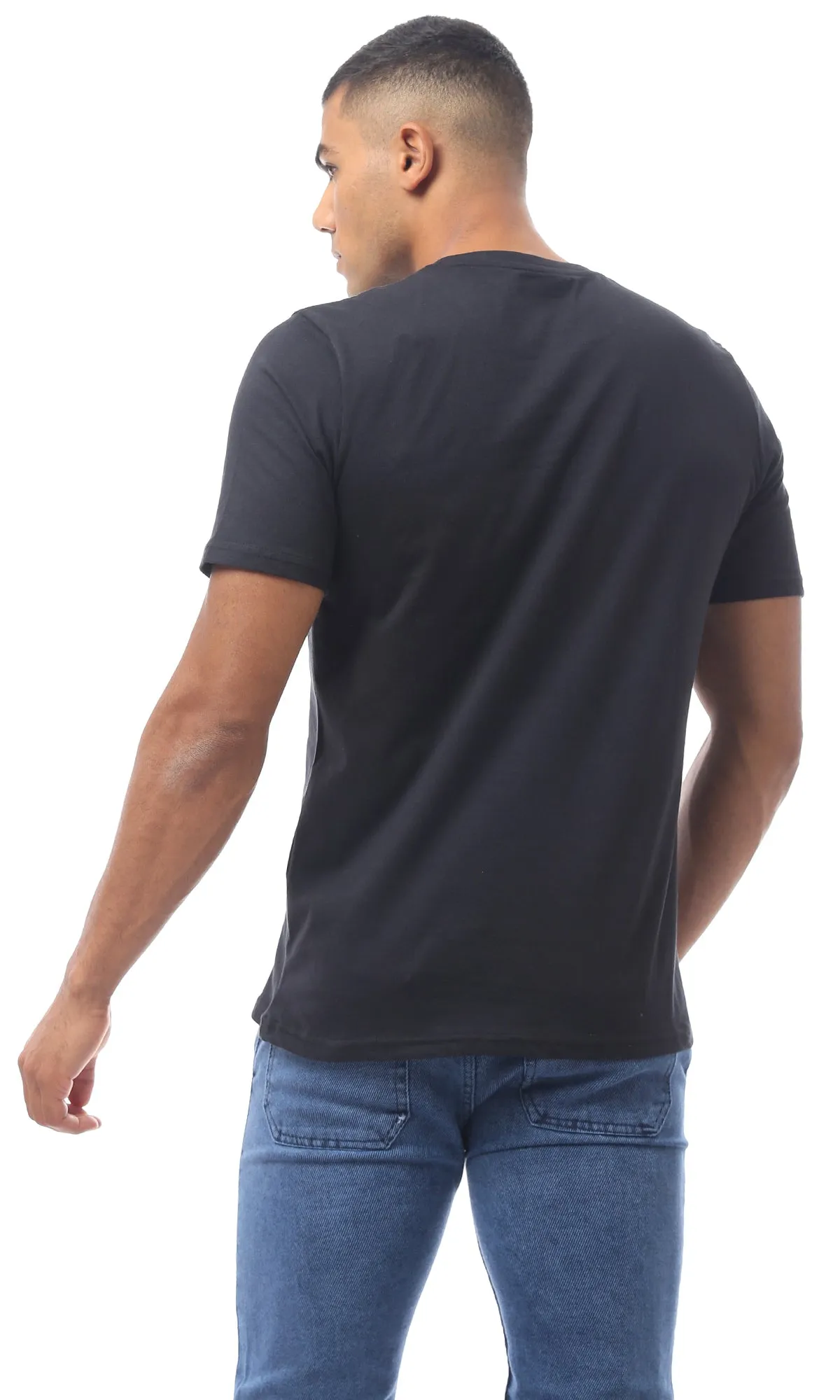 O170314 Cotton Printed Black Rounded Neck Tee