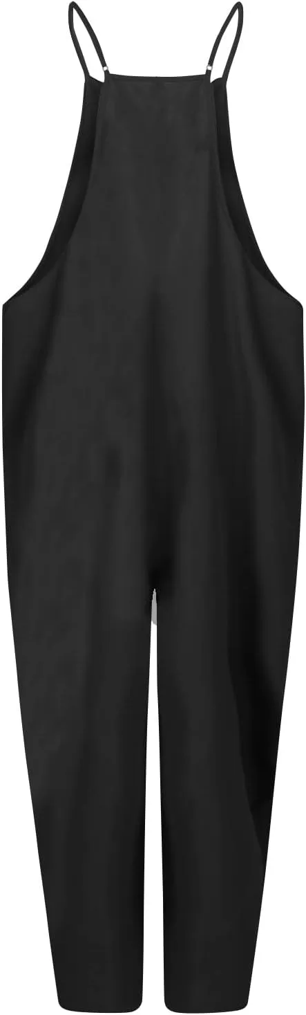 One Piece Jumpsuits for Women Casual V Neck Sleeveless Loose Fit Outfits w/Pockets Adjustable Spaghetti Strap Overalls