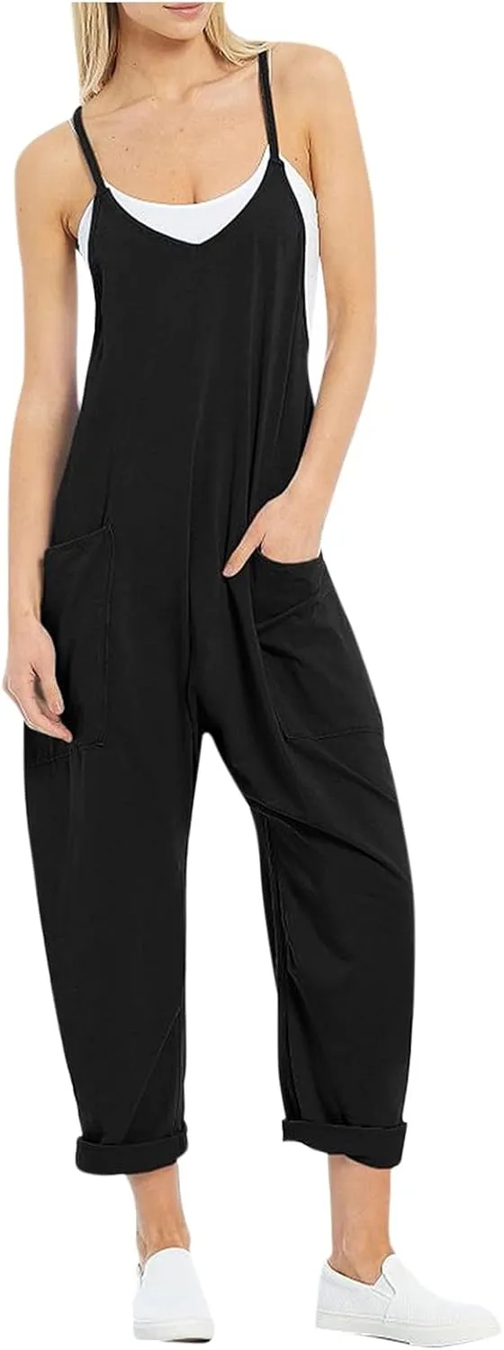 One Piece Jumpsuits for Women Casual V Neck Sleeveless Loose Fit Outfits w/Pockets Adjustable Spaghetti Strap Overalls