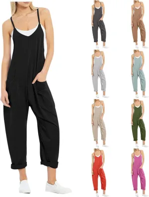 One Piece Jumpsuits for Women Casual V Neck Sleeveless Loose Fit Outfits w/Pockets Adjustable Spaghetti Strap Overalls