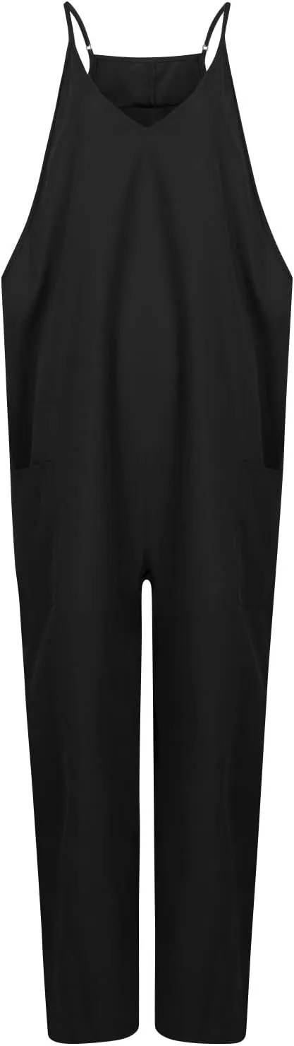 One Piece Jumpsuits for Women Casual V Neck Sleeveless Loose Fit Outfits w/Pockets Adjustable Spaghetti Strap Overalls