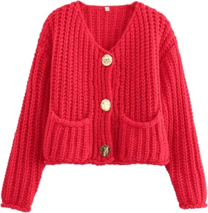Perbai Women's Cropped Cardigan Sweater Long Sleeve Button Down Chunky Knit Cardigan Fall Outfits 2024