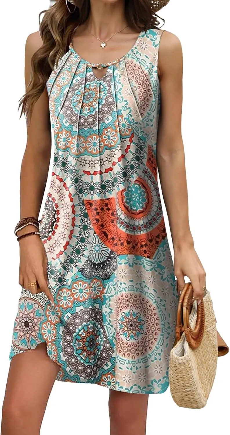 Pleated Front Summer Dresses for Women 2025 Casual Beach Floral Print Sundress Boho Tank Dress